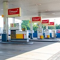 Hürth, North Rhine-Westphalia, Germany - July 26, 2019: Shell V-power gas station A1 Bat Ville.