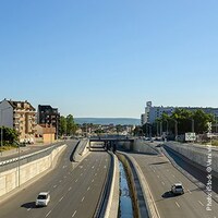 Varna, Bulgaria, July 11, 2020. Panorama of rebuilt Vasil Levski Boulevard with six lane asphalt road and storm sewer taken from the new elevated pedestrian crossing on a sunny summer day.