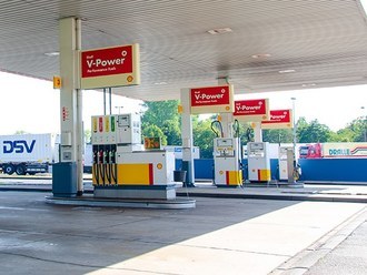 Hürth, North Rhine-Westphalia, Germany - July 26, 2019: Shell V-power gas station A1 Bat Ville.